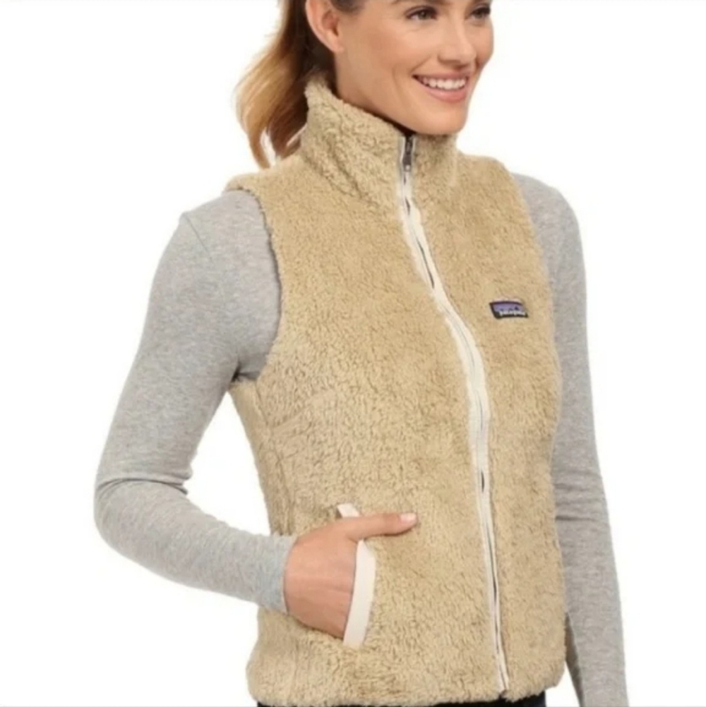 PATAGONIA Los Gatos Khaki Tan High-Pile‎ Fleece Full Zip Gorpcore Vest Women's S